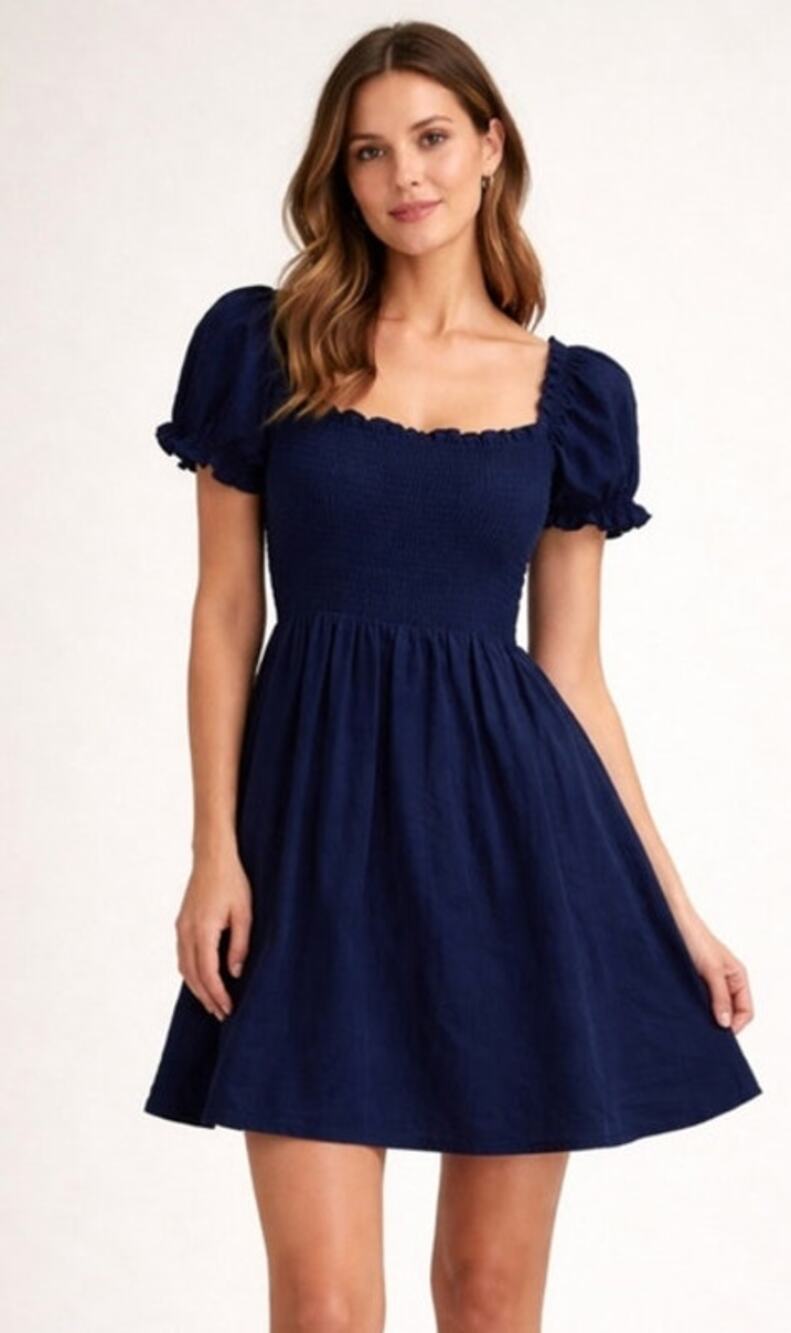 BODEN Smocked Bodice Navy Blue 100% Linen Mini Dress pockets ruffled size 6 US
